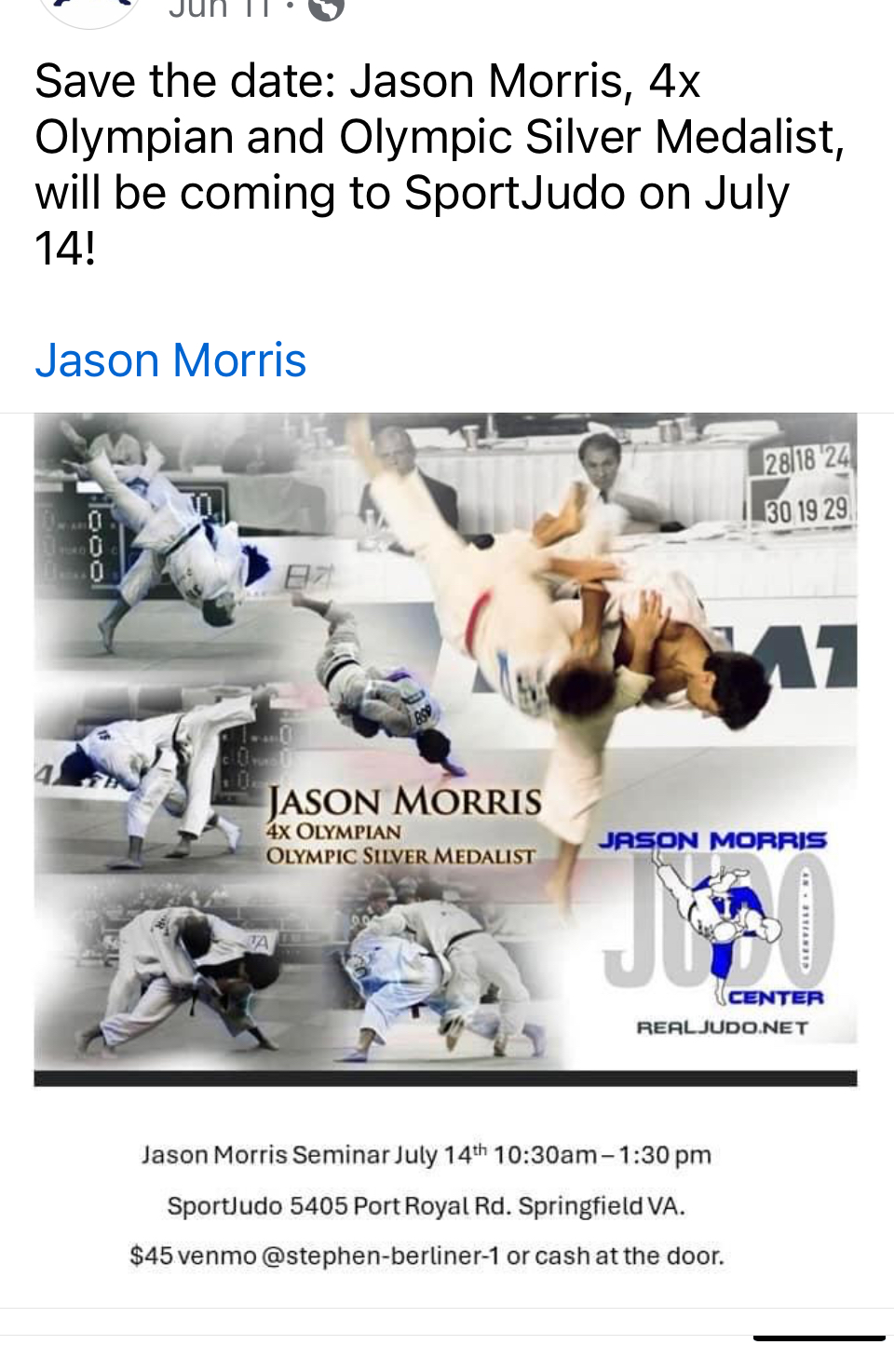 Next Sunday, July 14th      Jason Morris at Sport Judo